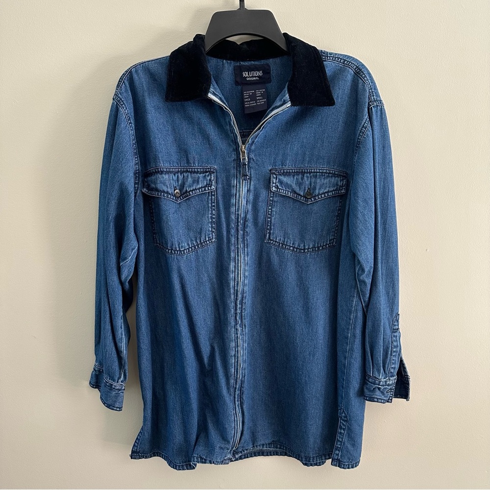 Vintage Dark Blue Denim Jean Dress Jacket with Black Collar